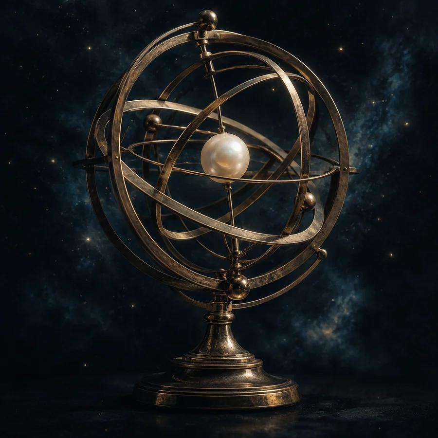 A bronze celestial instrument with orbital rings surrounding a pearl
